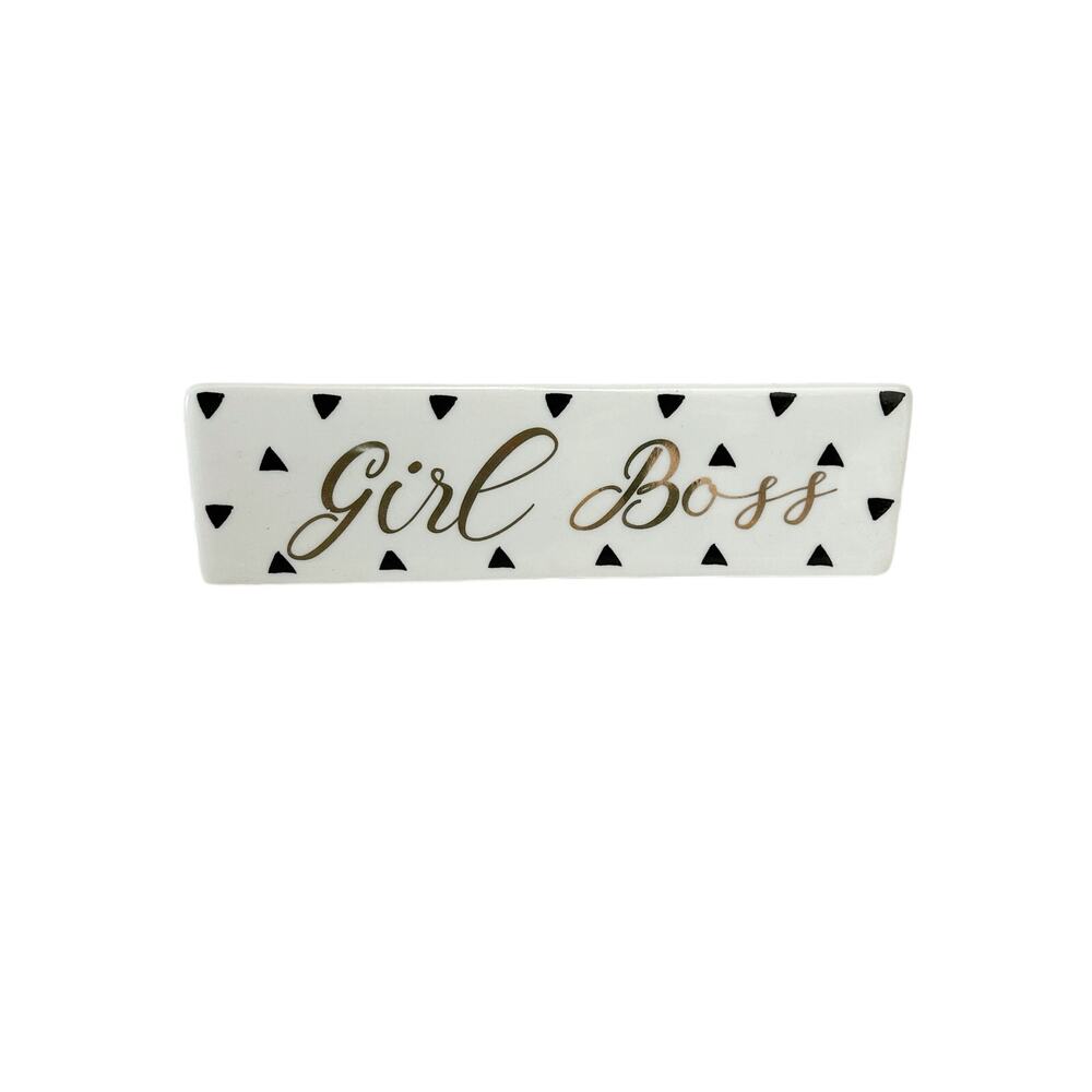 OFFICE ENVY White Ceramic Girl Boss Triangle Desk Name Plate Sign Polka Dot